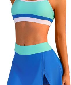 SHEKINI Damen Bikini Set High Waist Baderock mit Sicherheitsshorts Bandeau Bikini Oberteil Farbblock Badeanzug Zweiteiliger Bauchweg Bademode Badeanzugkleid