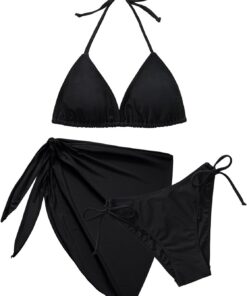 Bikini Damen Set 3 Teiliger Triangel Bikinis Push Up Neckholder Sexy Push Up V Ausschnitt Bademode mit Rock Swimsuit Set