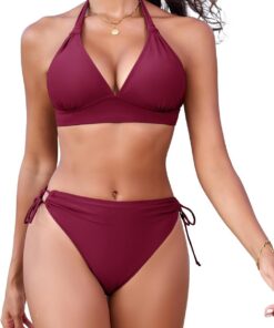 Bikini Damen Set Triangel Oberteil mit Knotendetail String Neckholder Bikinitop für Große Brüste Abnehmbare Pads Badeanzug Retro Sport