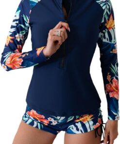 Owntop 2-teiliger Rash Guard Damen, Langarm Badeanzüge UV UPF 50+ Schwimmshirt, Reißverschluss Rash Weste, Blumen Bademode mit Hoch Tailliertem Boyshort Unterteil zum Schwimmen Surfen