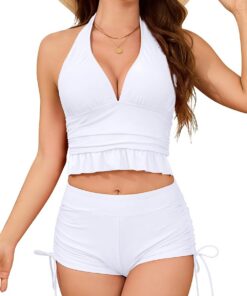 SHEKINI Damen Halter Deep V Bikini Top Kordelzug Swim Shorts Zwei Stück High Waisted Badeanzüge mit Jungen Short
