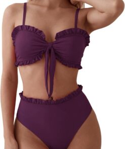 OUSIMEN Damen Bikini Set Rüschen-Bandeau High-Waist Verstellbar | Damen Bikini Set: V-Ausschnitt. High-Waist mit Schleifen-Detail. Bademode Zweiteiliger Badeanzug Swimsuit