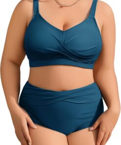 heekpek Bikini Damen Set Bauchweg Badeanzug Große Größen Zweiteiliger Damen Sommer Bademode V-Ausschnitt High Waist Bikini Plus Size Damen