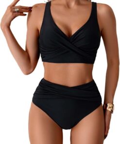 Amexo Damen Bikini Set Sexy V Ausschnitt Bademode Push Up High Waist Bikini Bademode Wickeloptik Crossover Bikini Set Sexy Zweiteiliger Badeanzug