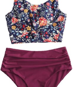 ZAFUL Damen Zweiteiliger Tankini, gepolsterter Bikini mit Blumenmuster Schnür-Tankini Oberteil hochtaillierte Shorts Badeanzug