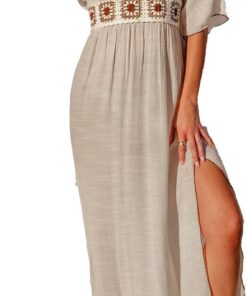 CUPSHE Damen Bikini Cover Up Strandkleid Stickerei Tiefer V-Ausschnitt Halbarm Seitenschlitz Strandponcho Sommer Urlaub Beachwear Maxikleid