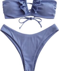 ZAFUL Damen Bandeau Schulterfrei Bikini Set Sexy Strandkleidung mit Blumenmuster Knote