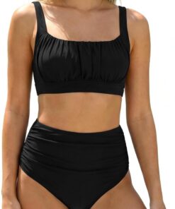 YNIQUE Bikini Set Damen High Waist Quadratausschnitt Zweiteiler Kreuzrücken | Figurformendes Damen Bikini Set mit High Waist Bauchweg, Quadratausschnitt, gerüschtem Oberteil und Kreuzrücken am Strand