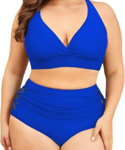 PONCEAU Bikini Damen Set Bauchweg High Waist - Push Up Bikini Oberteil für Große Brüste V-Ausschnitt Große Größen Plus Size Curvy Bademode