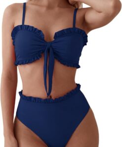 OUSIMEN Damen Bikini Set Rüschen-Bandeau High-Waist Verstellbar | Damen Bikini Set: V-Ausschnitt. High-Waist mit Schleifen-Detail. Bademode Zweiteiliger Badeanzug Swimsuit
