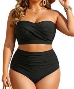 Yonique Zweiteiliger Damen-Badeanzug, Übergröße, hohe Taille, Bandeau-Bikini, Bauchweg-Badeanzug