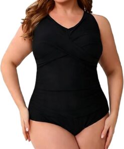 Badeanzug Damen Bauchweg Große Größen, Shaping Schwimmanzug mit V-Ausschnitt & Raffung, Sexy Push Up Bademode für Mollige Frauen, Einteiler Strandmode für Große Oberweite