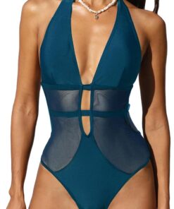 CUPSHE Badeanzug Damen Tiefer V Ausschnitt Neckholder Netz Riemchen