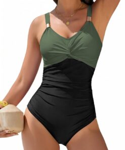 Badeanzug Damen Bauchweg Sexy Push Up Bademode V-Ausschnitt Badebekleidung für Damen Curvy Shape Swimsuits for Women Große Größe Monokini Mit Dekorativen Metall