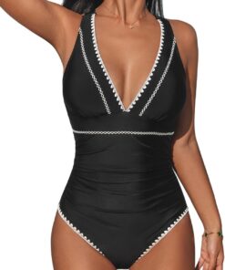 CUPSHE Damen Badeanzug V Ausschnitt Raffung Kreuzträger Schwimmanzug | Bequeme Passform, Mittlere Bedeckung, Für Strand und Pool