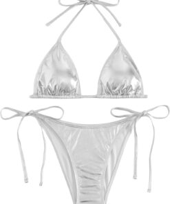 SEAUR Metallic Bikini für Frauen Zweiteiliger Sexy Triangel High Cut Strings Bottoms Badeanzug mit String Neckholder Tops Bademode