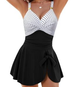 Badeanzug Damen Elegant Einteiliger Ruched Bauchweg Badekleid V-Ausschnitt mit Push Up Körbchen Swimdress Sommer Strand Swimsuit