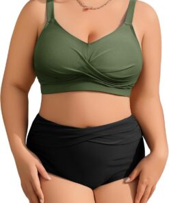 heekpek Bikini Damen Set Bauchweg Badeanzug Große Größen Zweiteiliger Damen Sommer Bademode V-Ausschnitt High Waist Bikini Plus Size Damen
