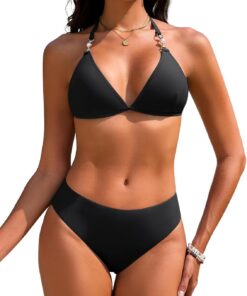 Triangel Bikini Damen Set Sexy Push Up Zweiteiliger Bademode String Bikinis für Damen Neckholder Swimsuit Träger Oberteil mit Riemen Perlen