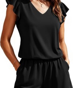 SHEKINI Frauen EIN Stück Schwimmen Romper V-Ausschnitt Ruffle Ärmel Bauch Kontrolle Badeanzug mit Taschen bescheidene Badeanzug Shorts