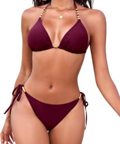 Bikini Damen Set Triangle Neckholder Bikini String Low Waist Bikinihose Zweiteiliger Sommer Strand Bademode