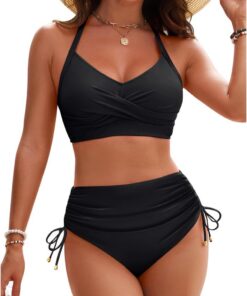 Damen Bikini Set Sexy Zweiteiliger Badeanzug Twsit Front Bademode Kordelzug Side Bikini Sets Push up Bikini-Oberteil Hohe Taille Bauchkontrolle Bikini-Unterteile für Strand, Pool