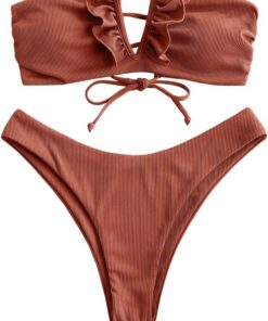 ZAFUL Damen Bandeau Schulterfrei Bikini Set Sexy Strandkleidung mit Blumenmuster Knote