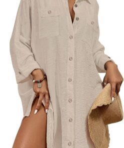 Bsubseach Damen Button Down Strandkleid V-Ausschnitt Badeanzug Resort Wear