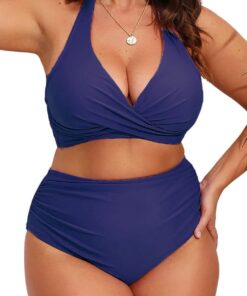 CheChury Damen Große Größen Bikini Set Neckholder Crossover Bikini Bademode V Ausschnitt Bauchweg Raffungen Zweiteiliger Badeanzug Swimsuit mit Schnürung am Rücken