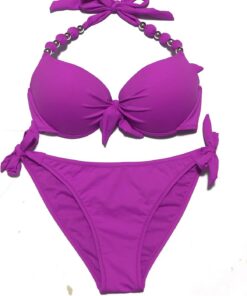 Damen Seitlich Gebunden Bikini Sets Abnehmbar Bademode Push up Bikinioberteil mit Nackenträger