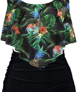 Damen Badeanzug Rüschen Zweiteilige High Waist Bikini Retro Sätze mit hoher Taille Bademode Strandkleidung