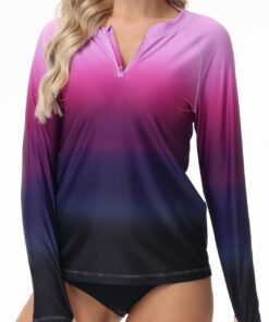 Damen Rash Guard Langarm 1/4 Zip Schwimmshirt UV-Schutz Shirt UPF 50+ Badeshirt Sonnenschutz Swimsuits Bademode Surf Shirt