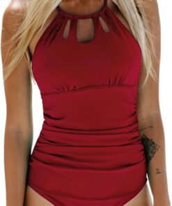 CUPSHE Damen Badeanzug High Neck Zierausschnitten Raffung Bauchweg | Strandmode Einteilige Bademode, Glattes Stretchmaterial, Verstellbare Bänder, Raffungen an der Taille, Volle Abdeckung