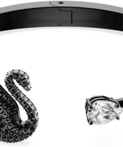 Swarovski Swan Ruthenium überzogener Armreif für Damen, Größe M, Schwarz, Medium, Kristall, Kein Edelstein