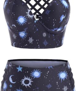 JMSUN Damen Bikini Sommer Badeanzug Sonne Stern Mond Gitter Hohe Taille Tankini Badeanzug