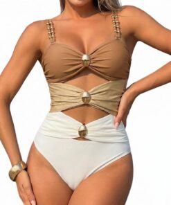 Damen Badeanzug Cut Out Doppelte Träger Einteilige Badeanzüge Mit Cups Sexy V Ausschnitt Bademode Push Up Monokini Swimsuit