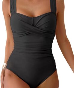 Yutdeng Einteiliger Badeanzug Damen Bauchweg Hohe Taille Einteilige Bademode Push Up Sexy Monokini V Ausschnitt Swimsuit Breite Träger Badeanzüge Plissee Badebekleidung Crossover Schwimmanzug Vintage