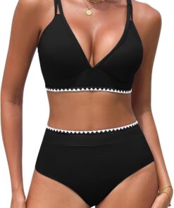 UMIPUBO Bikini Damen Set High Waist Push Up Bauchweg Zweiteiler V-Ausschnitt Große Brüste Bademode Hoher Taille Colour Blocking Mit Muschelkante Badebekleidung