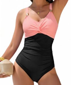 Badeanzug Damen Bauchweg Sexy Push Up Bademode V-Ausschnitt Badebekleidung für Damen Curvy Shape Swimsuits for Women Große Größe Monokini Mit Dekorativen Metall