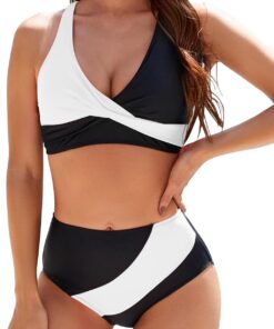 Adigaber Damen Zweiteiliger Badeanzug V Ausschnitt überkreuztes Colorblocked Bademode Hohe Taille Bauchkontrolle Bikini Sets