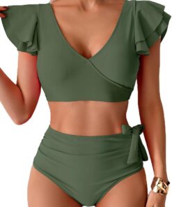 Badeanzug Damen Bauchweg,Sexy V Ausschnitt Zweiteiliger Badeanzüge Rüschen High Waist Push Up Bademode Lace Up Bikini Swimsuit