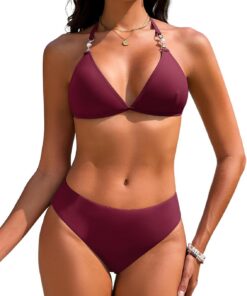 Triangel Bikini Damen Set Sexy Push Up Zweiteiliger Bademode String Bikinis für Damen Neckholder Swimsuit Träger Oberteil mit Riemen Perlen