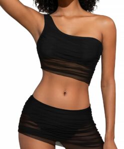 Damen Asymmetrische Bikini Sets Eine Schulter Rüschen Mesh Mid Rise Rock Bottoms Zweiteiliger Badeanzug