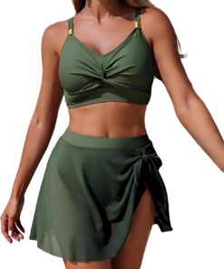 Bikini Damen Set mit Mesh Rock V Ausschnitt Zweiteiliger Badeanzug Hoher Taille Bauchweg Bikini Bademode