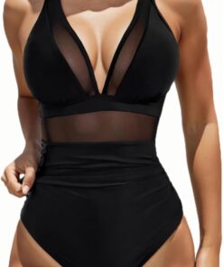 Badeanzug Damen Bauchweg V Ausschnitt Badeanzüge für Damen Push Up Mesh Einteilige Bademode Shape Badeanzug Strandmode Swimsuit