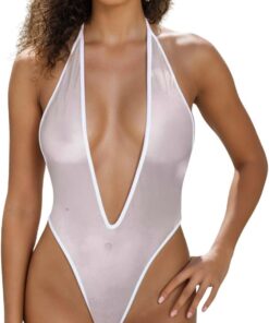 Damen Sexy Netz Badeanzug Neckholder Monokini Tiefer V-Ausschnitt Bademode | Einteiliger Rückenfrei Dessous Body, Transparente Tanga Bikini, Hoher Schnitt Teddy Swimsuit, Cut Out Strandmode Pool Outfit