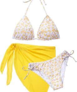 Bikini Damen Set 3 Teiliger Triangel Bikinis Push Up Neckholder Sexy Push Up V Ausschnitt Bademode mit Rock Swimsuit Set
