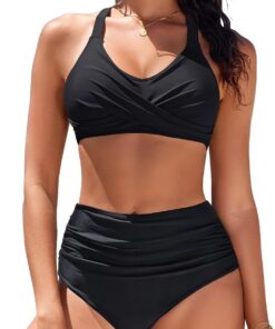 heekpek Damen Zweiteiliger Badeanzug Bauchweg V-Ausschnitt Bikini Damen Set Bademode mit Cross Bikini-Oberteil und Hohe Taille Bikini-Unterteile