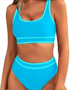 Genfien Bikini Sets für Damen Sport High Waist Colour Block | Bademode Push Up,Bauchkontrolle,Zweiteiliger Badeanzug