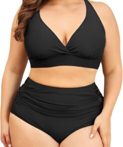 PONCEAU Bikini Damen Set Bauchweg High Waist - Push Up Bikini Oberteil für Große Brüste V-Ausschnitt Große Größen Plus Size Curvy Bademode